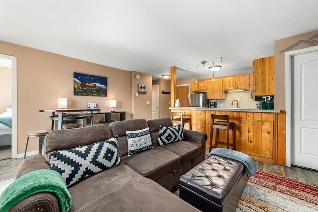 living room featuring dark hardwood / wood-style floors and sink