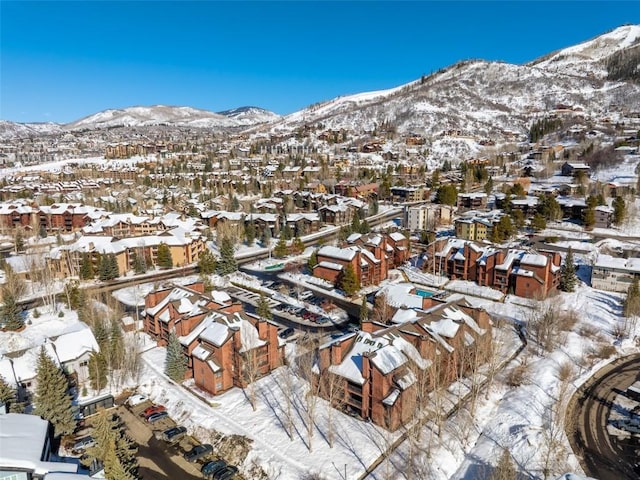 snowy aerial view featuring a mountain view