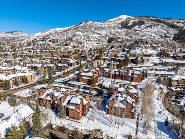 snowy aerial view with a mountain view