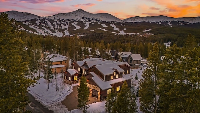 aerial view at dusk with a mountain view