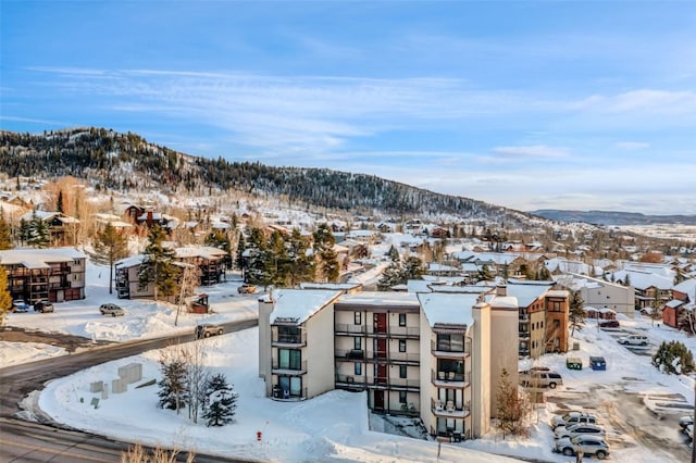 snowy aerial view with a mountain view