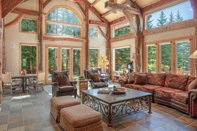 sunroom / solarium featuring lofted ceiling with beams and wooden ceiling