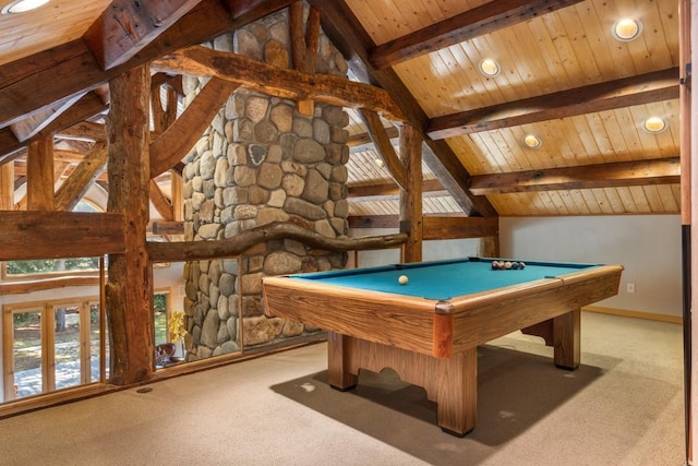 rec room with light carpet, wood ceiling, beamed ceiling, and billiards