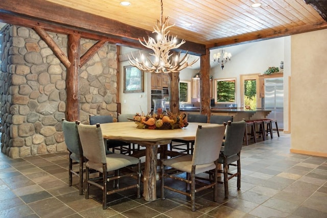 dining space featuring vaulted ceiling with beams, wooden ceiling, and an inviting chandelier