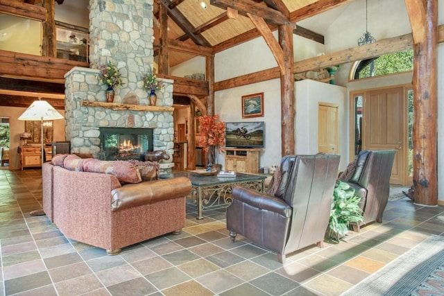 living room with a fireplace, beam ceiling, high vaulted ceiling, and wood ceiling