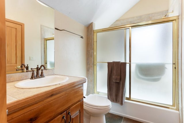 full bathroom with combined bath / shower with glass door, vanity, toilet, and lofted ceiling