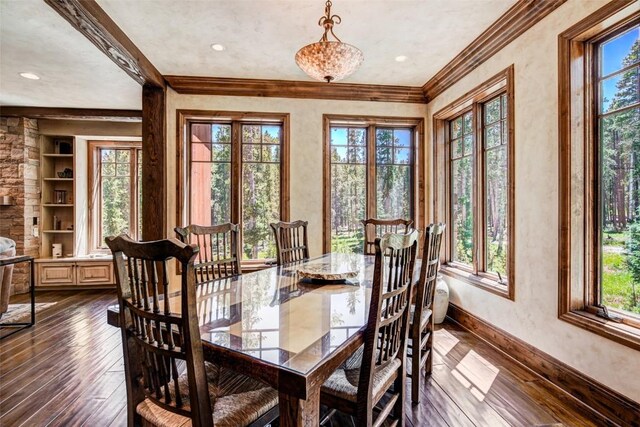 dining area featuring plenty of natural light, dark hardwood / wood-style flooring, and built in features