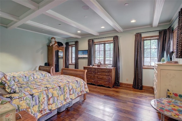 bedroom featuring beam ceiling, multiple windows, and dark wood-type flooring