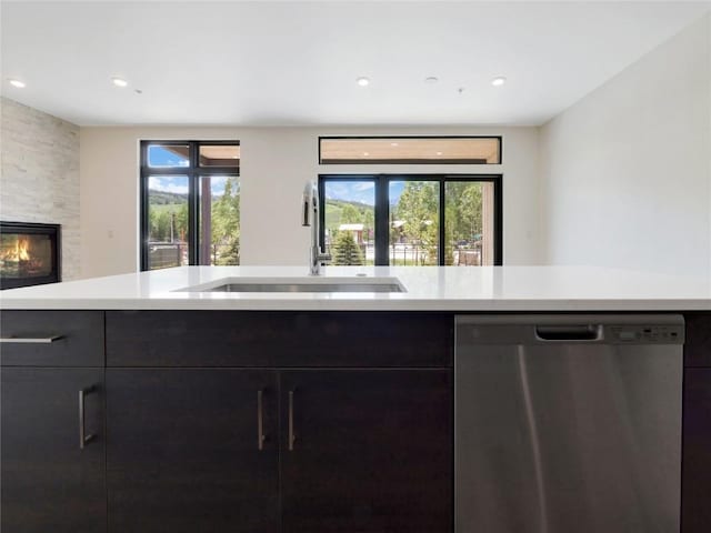 kitchen featuring sink, a fireplace, and stainless steel dishwasher