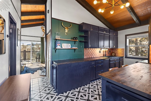 kitchen with tasteful backsplash, butcher block countertops, lofted ceiling with beams, and a sink