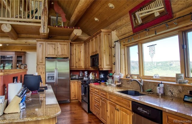 kitchen with wooden ceiling, sink, dark hardwood / wood-style floors, light stone countertops, and stainless steel appliances