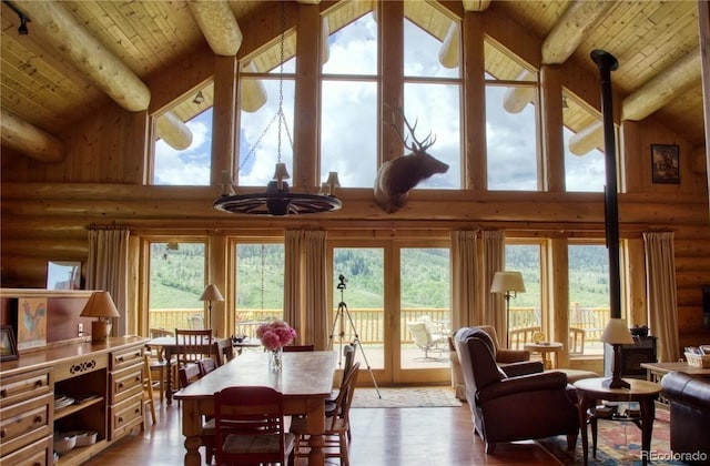 dining area featuring beamed ceiling, wooden ceiling, and rustic walls