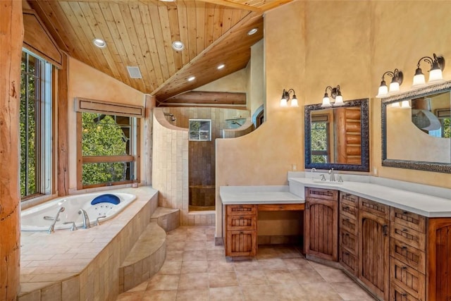 bathroom with wood ceiling, high vaulted ceiling, vanity, plus walk in shower, and tile patterned floors