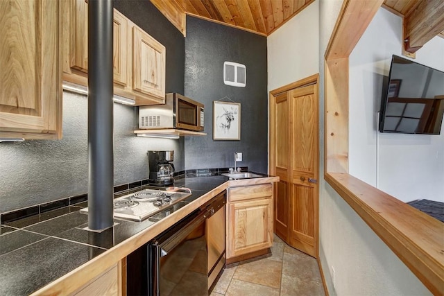 kitchen with sink, wooden ceiling, stainless steel appliances, and light brown cabinetry