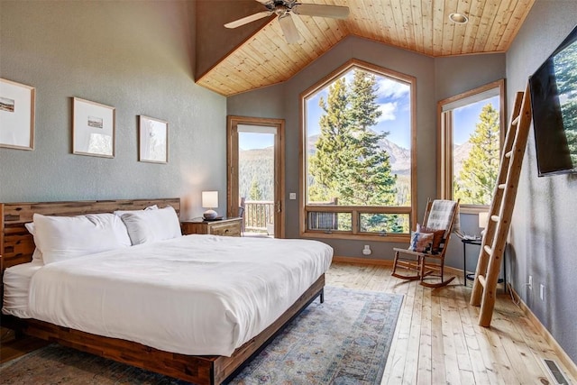 bedroom featuring ceiling fan, light wood-type flooring, wood ceiling, and multiple windows