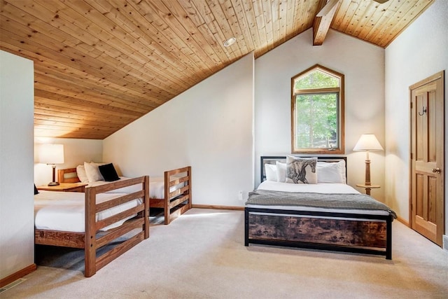 bedroom featuring vaulted ceiling with beams, light colored carpet, and wooden ceiling