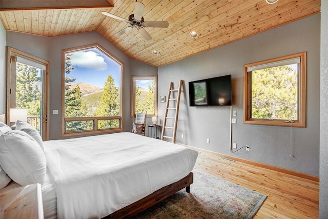 bedroom featuring lofted ceiling, hardwood / wood-style flooring, ceiling fan, and wooden ceiling