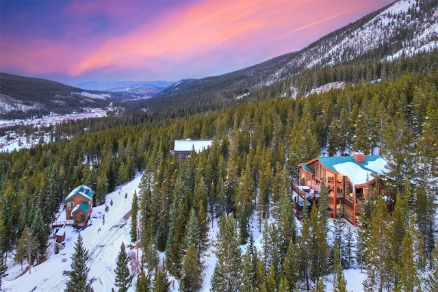 snowy aerial view featuring a mountain view