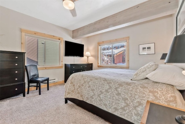 carpeted bedroom featuring baseboard heating, beamed ceiling, and ceiling fan