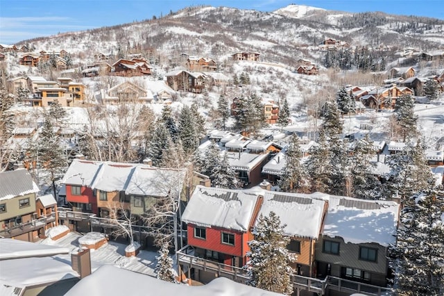 snowy aerial view with a mountain view