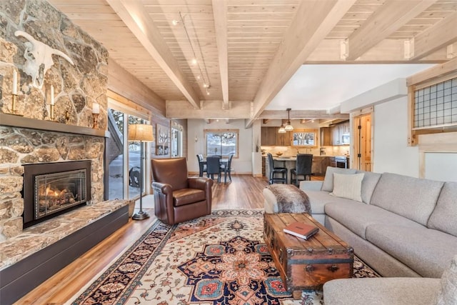 living room featuring beam ceiling, a stone fireplace, track lighting, wooden ceiling, and hardwood / wood-style floors