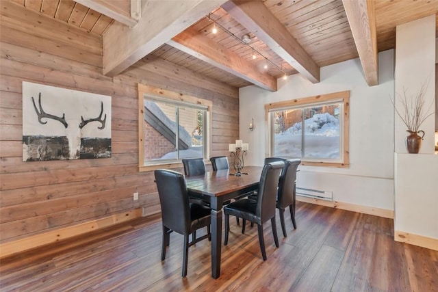 dining area with a baseboard radiator, wood ceiling, dark hardwood / wood-style flooring, beamed ceiling, and wooden walls