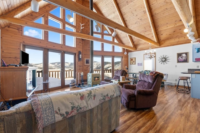 living area with lofted ceiling with beams, an inviting chandelier, wood finished floors, and wooden ceiling