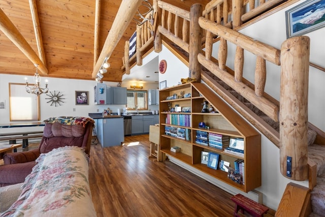 living room with dark wood-type flooring, lofted ceiling with beams, wood ceiling, and a chandelier