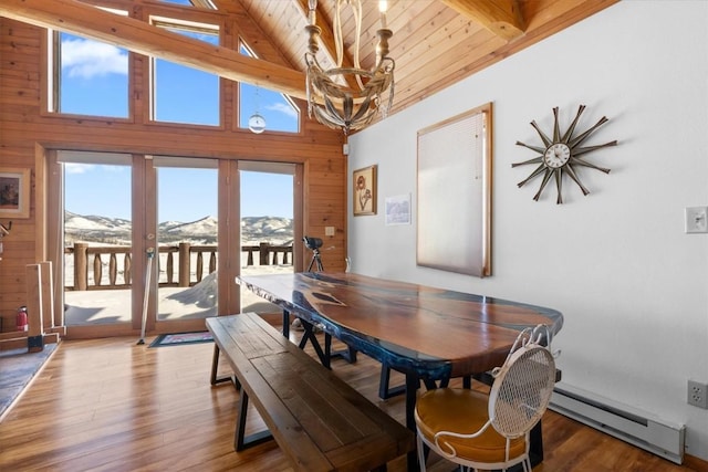 dining room featuring a baseboard radiator, an inviting chandelier, wood finished floors, and a mountain view