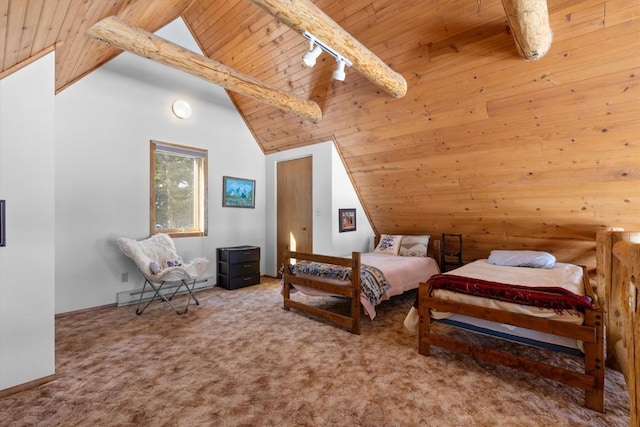 carpeted bedroom featuring beam ceiling, high vaulted ceiling, a baseboard heating unit, rail lighting, and wood ceiling