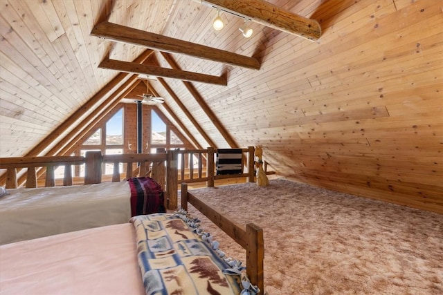 bedroom featuring wood walls, wooden ceiling, and vaulted ceiling with beams