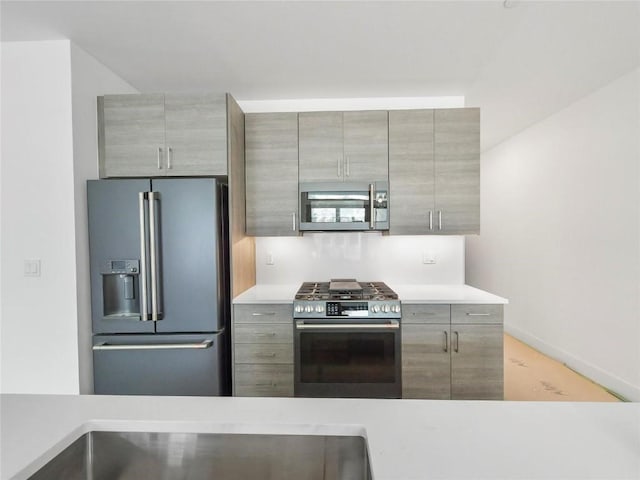 kitchen with gray cabinets and appliances with stainless steel finishes