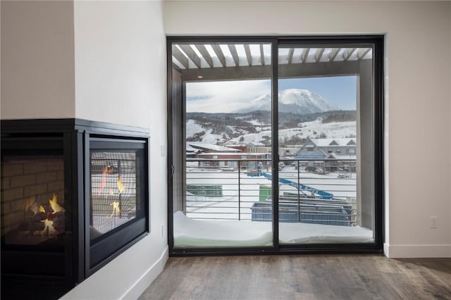 doorway to outside featuring hardwood / wood-style flooring, a mountain view, and a healthy amount of sunlight