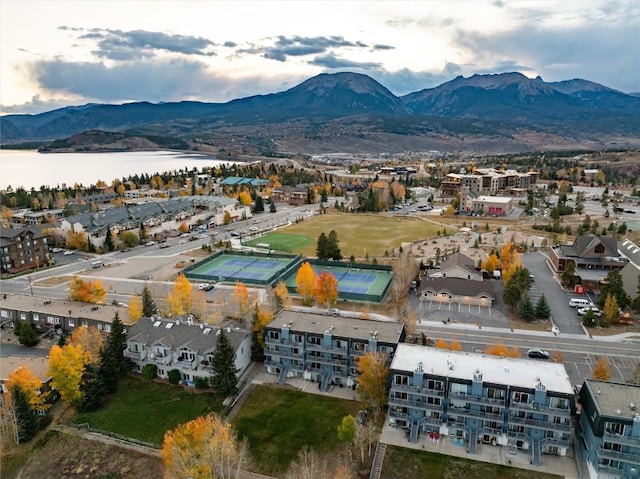 bird's eye view featuring a water and mountain view