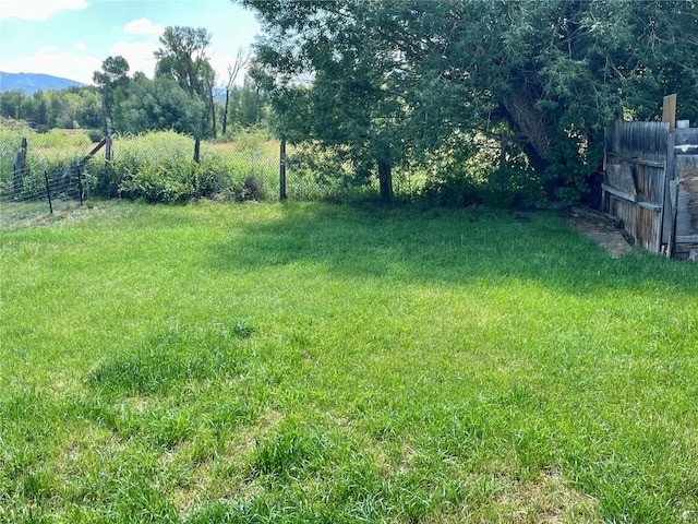 view of yard with a rural view, fence, and a mountain view