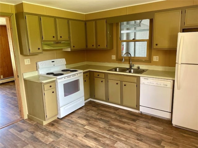 kitchen featuring light countertops, white appliances, a sink, and under cabinet range hood