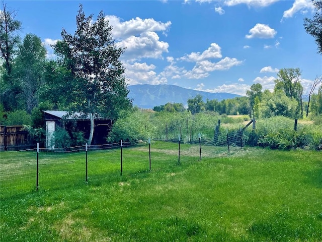 view of yard featuring a rural view, fence, and a mountain view