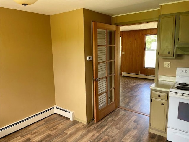 kitchen featuring dark wood-style floors, electric stove, light countertops, and baseboard heating