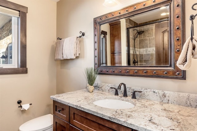 bathroom with vanity, an enclosed shower, and toilet