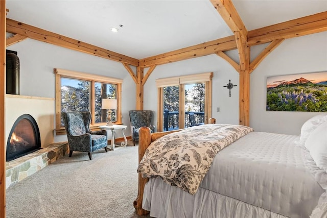 bedroom featuring carpet, access to outside, a fireplace, and beamed ceiling