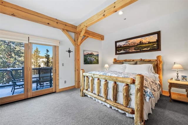 carpeted bedroom featuring access to outside and beamed ceiling