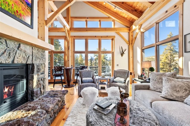 living room featuring plenty of natural light, wood-type flooring, a stone fireplace, and high vaulted ceiling