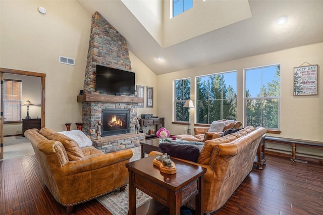 living room featuring a fireplace, high vaulted ceiling, and dark hardwood / wood-style floors