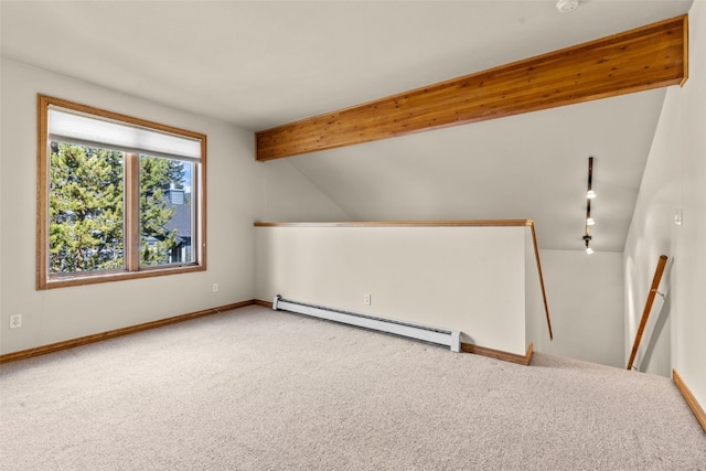 bonus room with carpet, vaulted ceiling with beams, and a baseboard radiator