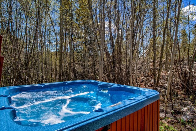 view of swimming pool featuring a hot tub