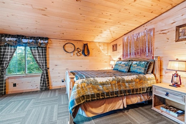 bedroom with dark parquet floors, vaulted ceiling, wooden ceiling, and wood walls