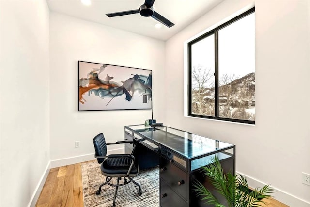 office area featuring ceiling fan and wood-type flooring