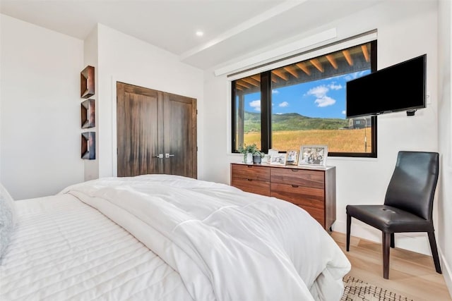 bedroom featuring light wood-type flooring and baseboards