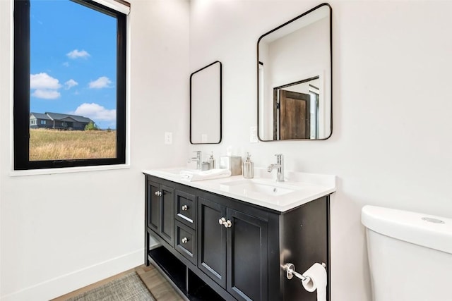 bathroom featuring baseboards, a sink, toilet, and double vanity