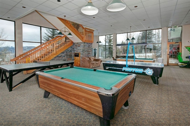 playroom featuring carpet flooring and billiards